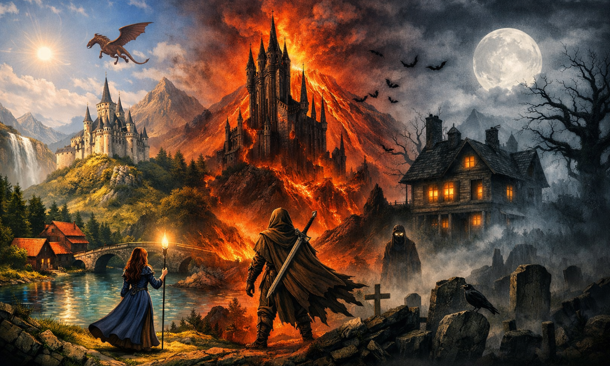 A fantasy landscape with castles and a spooky hose. The image moves from a fantasy tone to dark fantasy and ends in a horror tone.